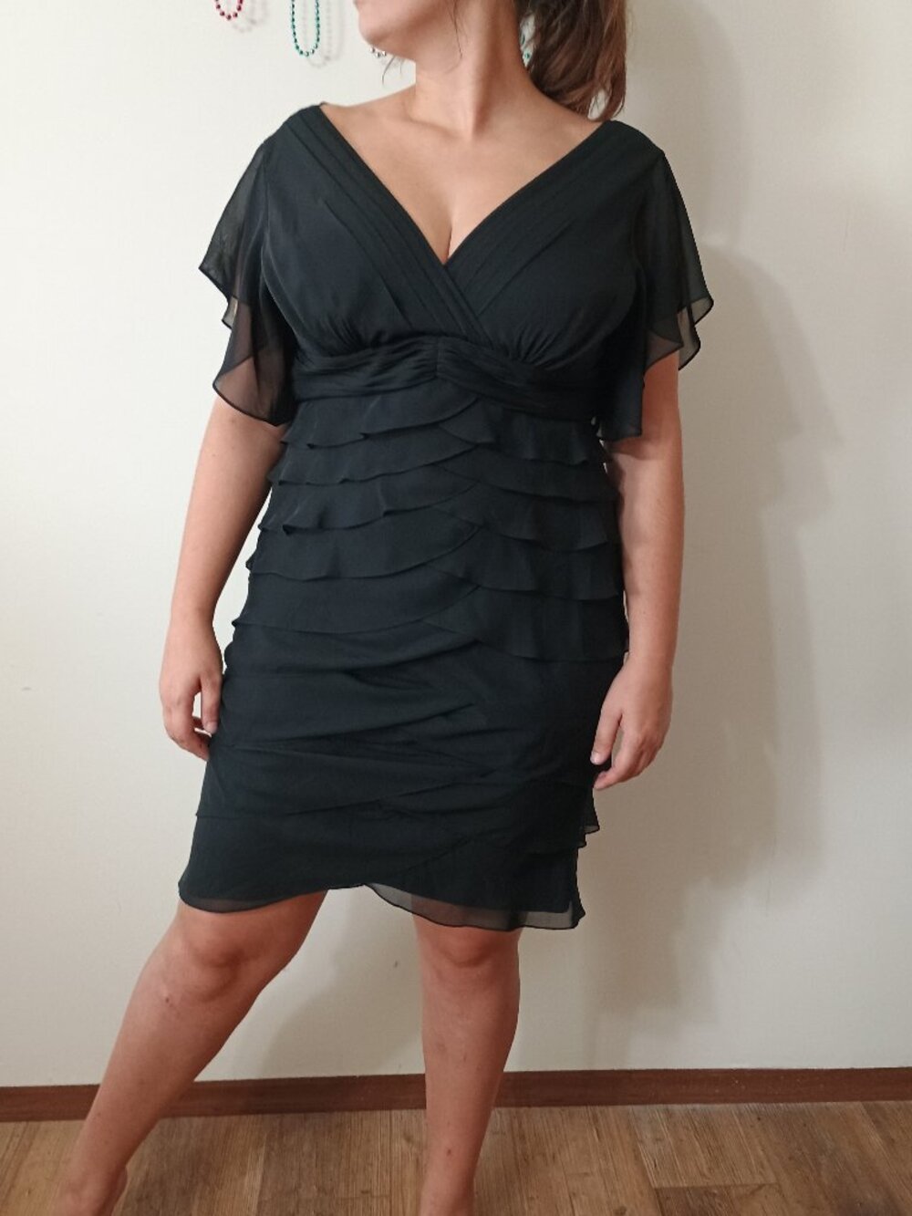 Adrianna Papell Chiffon Ruffle Cocktail Dress Black 14